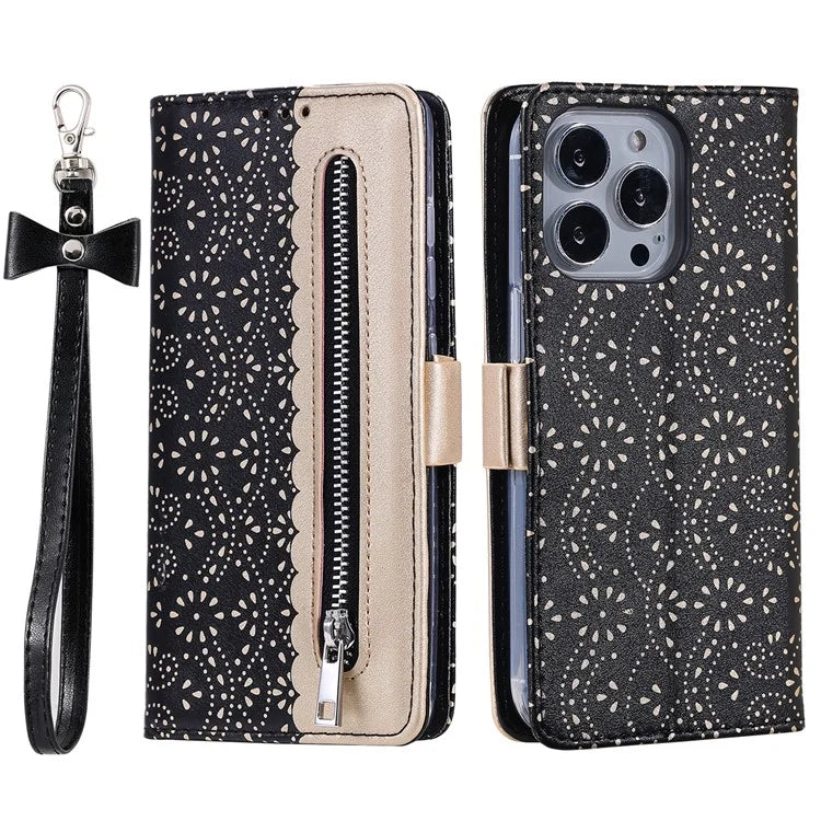 For iPhone 16 Pro Max Wallet Case PU Leather Zipper Pocket Phone Cover