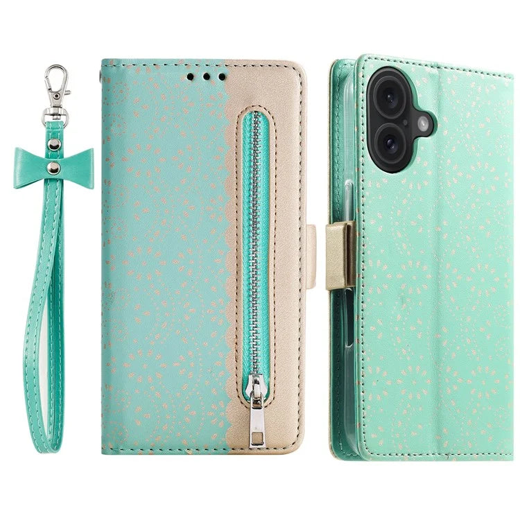 For iPhone 16 Plus Wallet Case PU Leather Zipper Pocket Phone Cover
