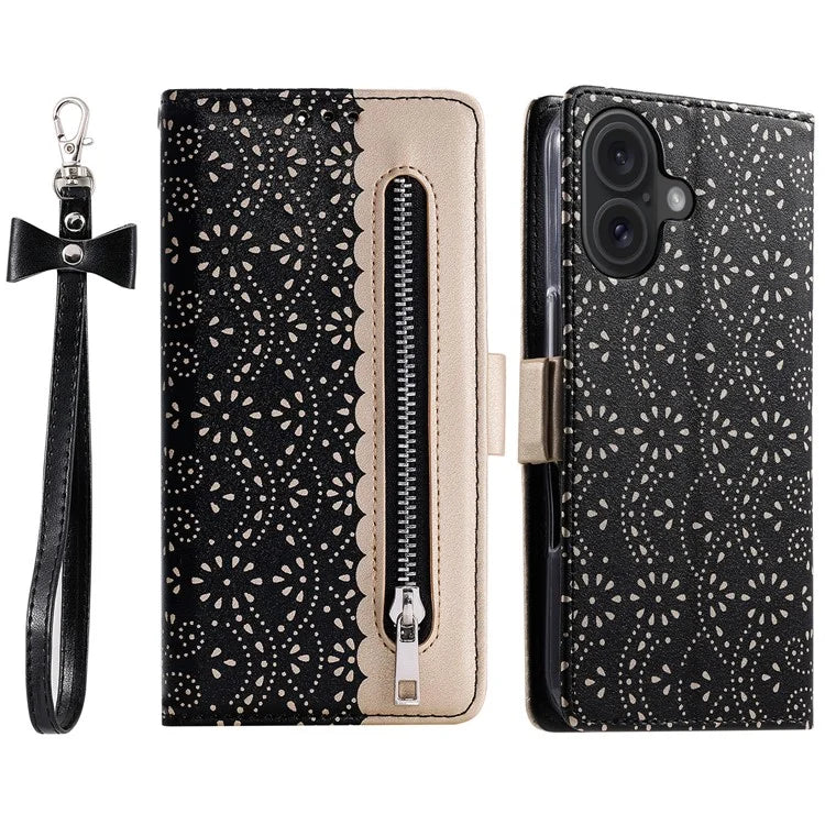 For iPhone 16 Plus Wallet Case PU Leather Zipper Pocket Phone Cover
