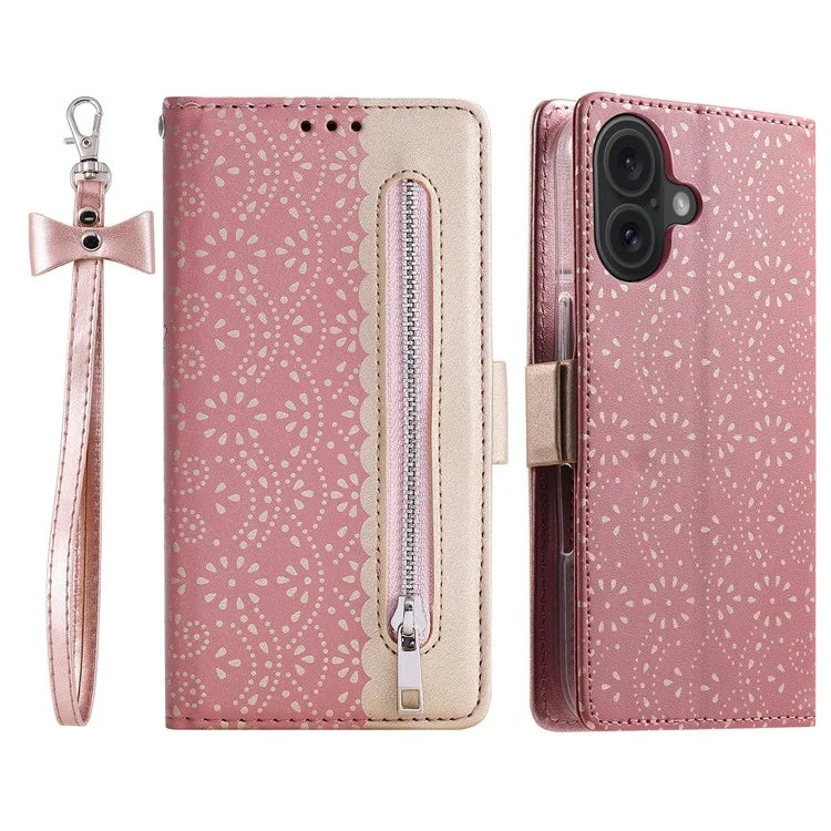 For iPhone 16 Wallet Case PU Leather Zipper Pocket Phone Cover