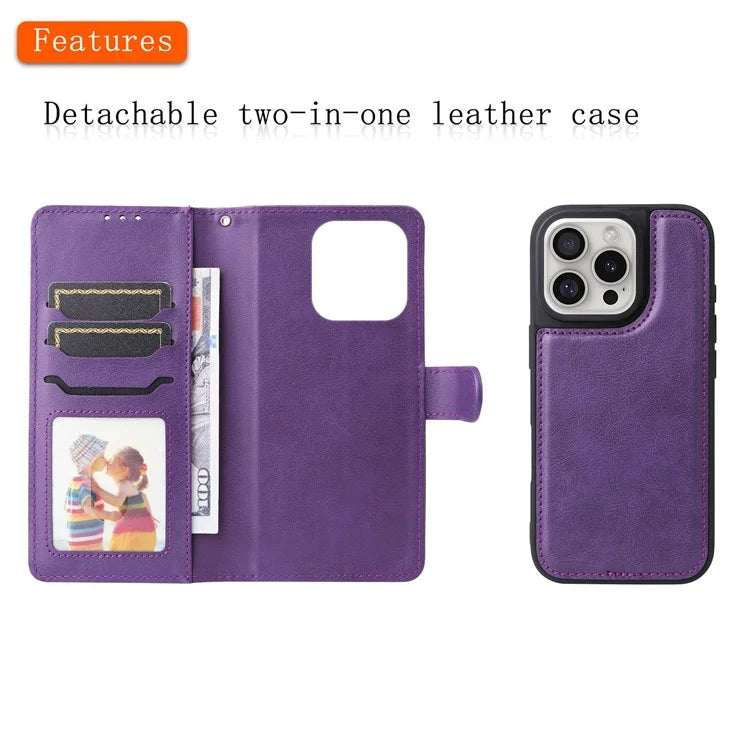 KT Leather Series-3 For iPhone 16 Pro Max Case PU Leather 2 in 1 Wallet Phone Cover Magnetic Detachable