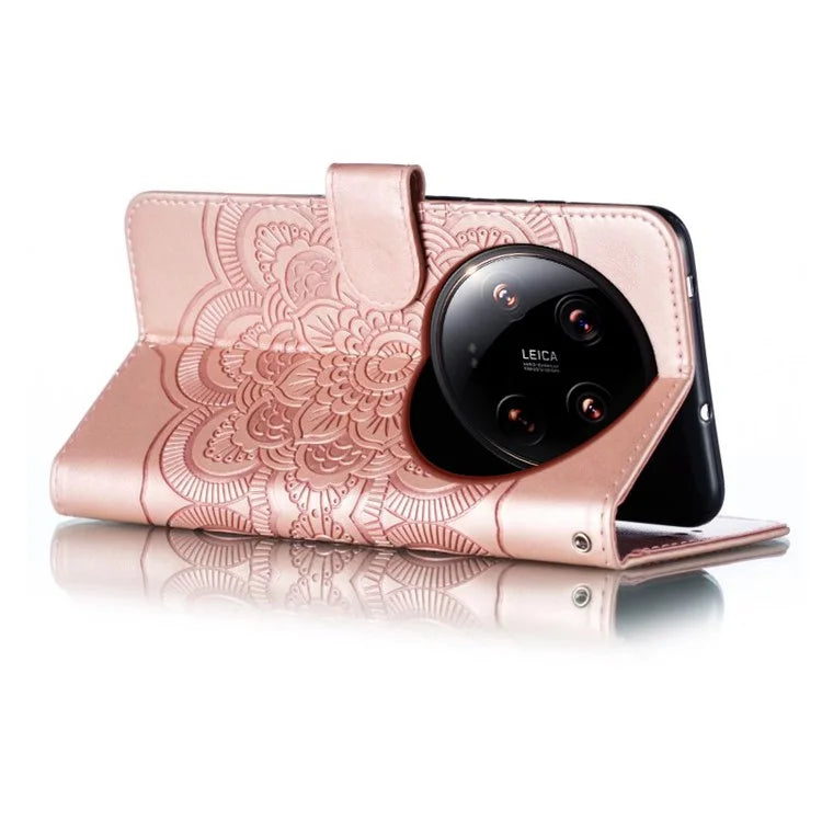 For Xiaomi 14 Ultra Case PU Leather Mandala Imprinted Design Wallet Phone Cover