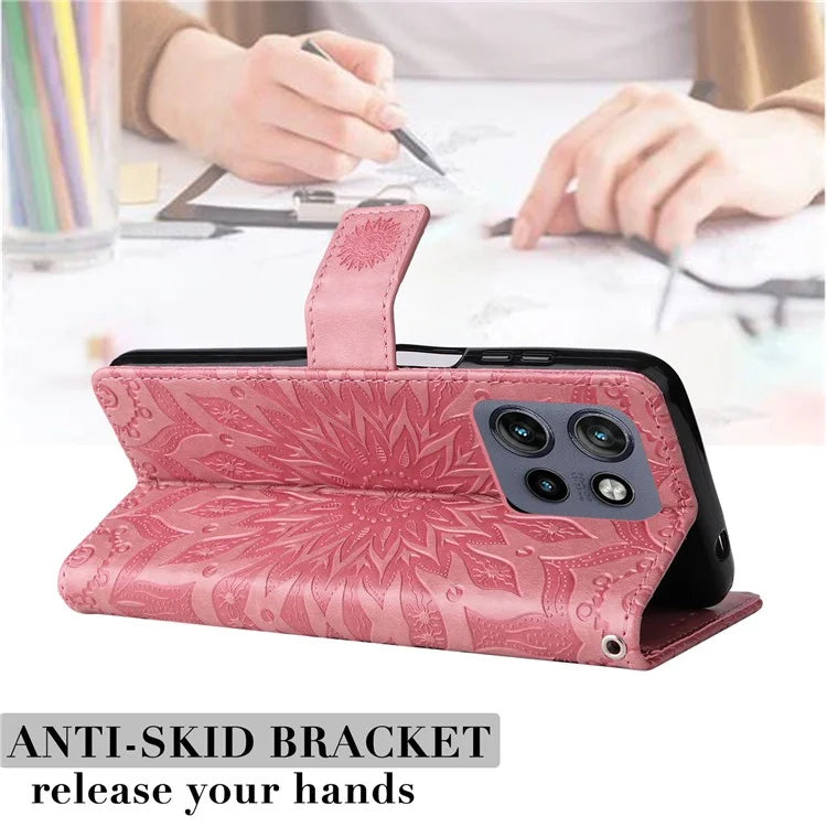 KT Imprinting Flower Series-1 For Motorola Edge 50 Neo 5G Case Sunflower Leather Wallet Phone Cover