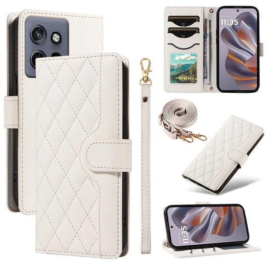 For Motorola Edge 50 Neo 5G Case Wallet Rhombus Leather Phone Cover with Shoulder Strap, Wrist Strap