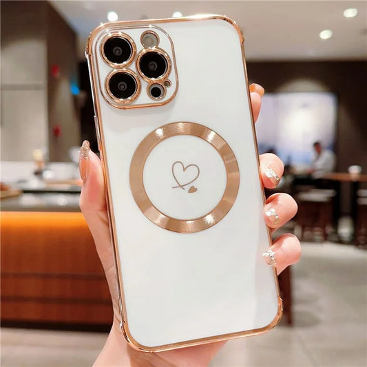For iPhone 13 Pro Max Case Compatible with MagSafe Electroplated TPU Phone Cover Hollow Love Hearts