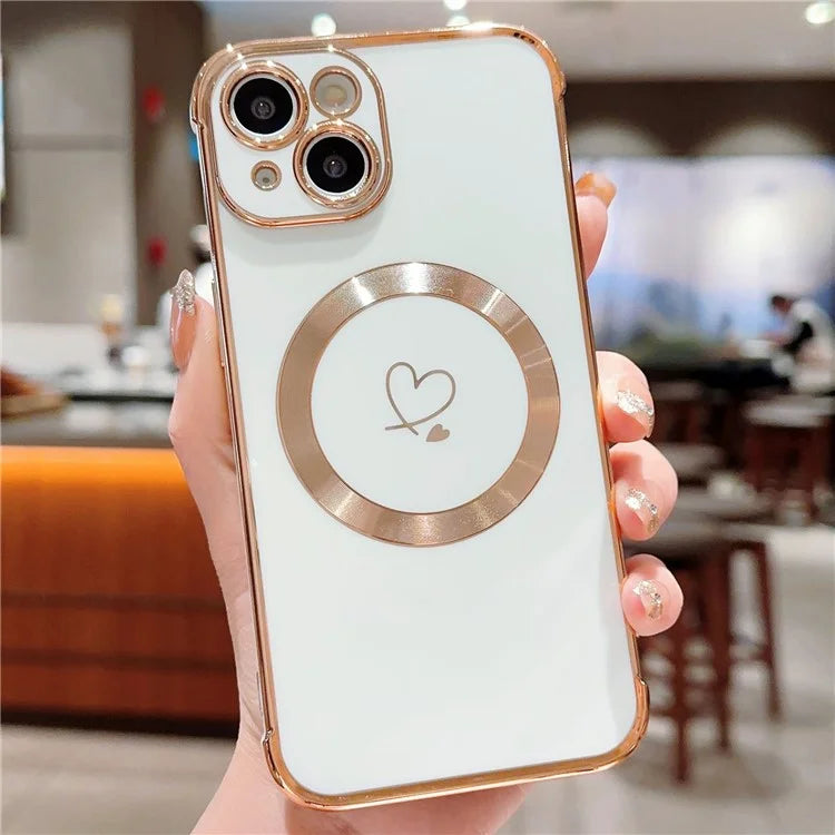 For iPhone 14 Case Compatible with MagSafe Electroplated TPU Phone Cover Hollow Love Hearts