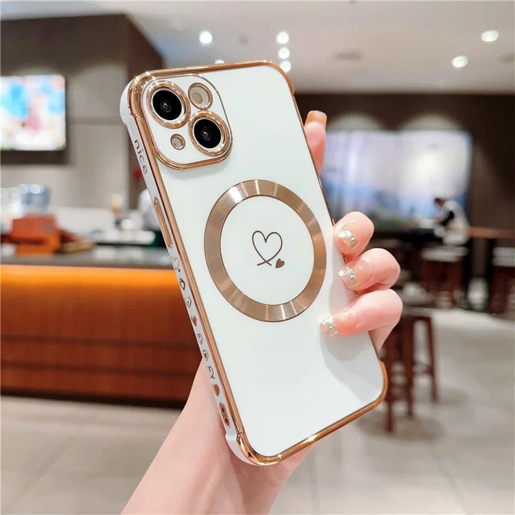For iPhone 14 Case Compatible with MagSafe Electroplated TPU Phone Cover Hollow Love Hearts