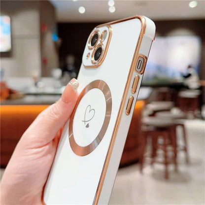 For iPhone 14 Case Compatible with MagSafe Electroplated TPU Phone Cover Hollow Love Hearts