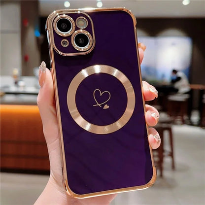 For iPhone 14 Case Compatible with MagSafe Electroplated TPU Phone Cover Hollow Love Hearts
