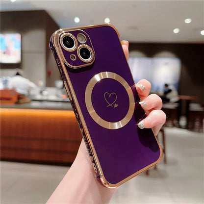 For iPhone 14 Case Compatible with MagSafe Electroplated TPU Phone Cover Hollow Love Hearts
