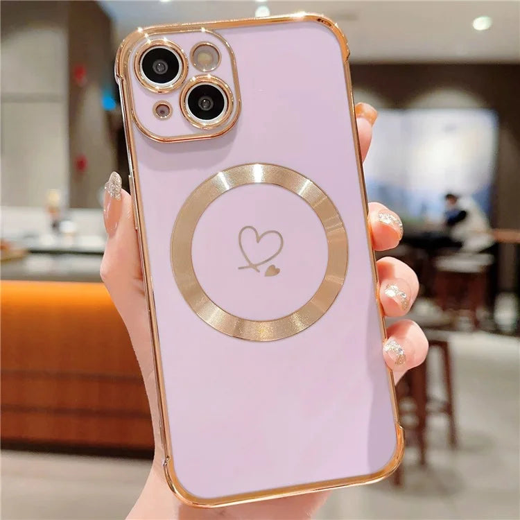 For iPhone 14 Case Compatible with MagSafe Electroplated TPU Phone Cover Hollow Love Hearts
