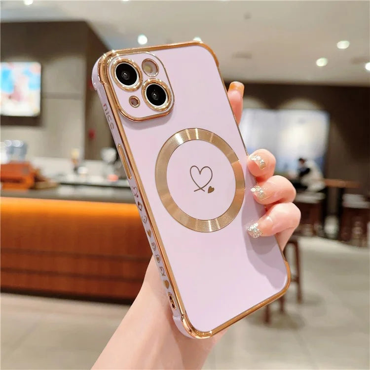 For iPhone 14 Case Compatible with MagSafe Electroplated TPU Phone Cover Hollow Love Hearts