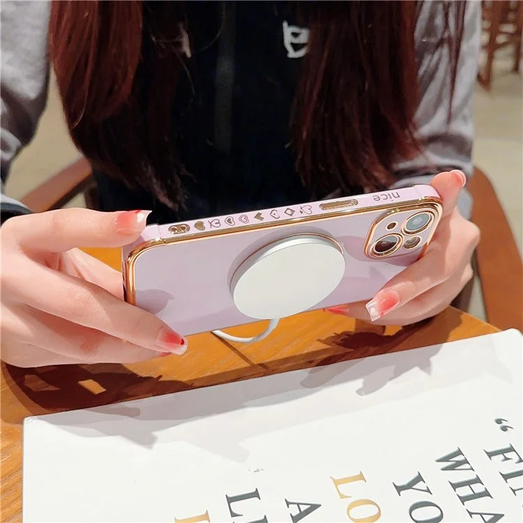For iPhone 14 Case Compatible with MagSafe Electroplated TPU Phone Cover Hollow Love Hearts