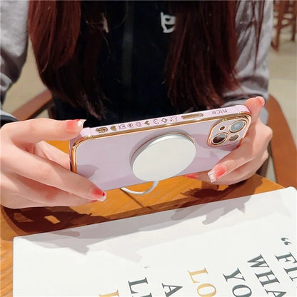 For iPhone 14 Case Compatible with MagSafe Electroplated TPU Phone Cover Hollow Love Hearts