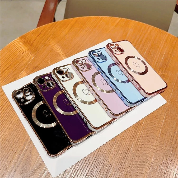 For iPhone 14 Case Compatible with MagSafe Electroplated TPU Phone Cover Hollow Love Hearts