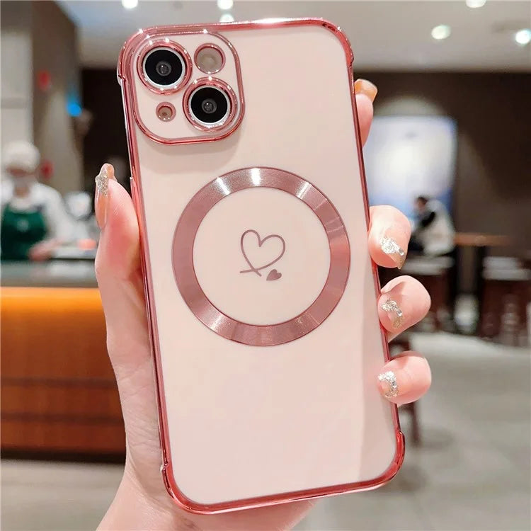 For iPhone 14 Case Compatible with MagSafe Electroplated TPU Phone Cover Hollow Love Hearts