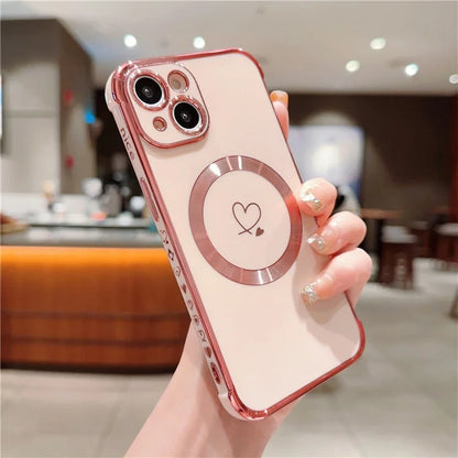 For iPhone 14 Case Compatible with MagSafe Electroplated TPU Phone Cover Hollow Love Hearts