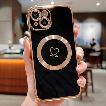For iPhone 14 Case Compatible with MagSafe Electroplated TPU Phone Cover Hollow Love Hearts
