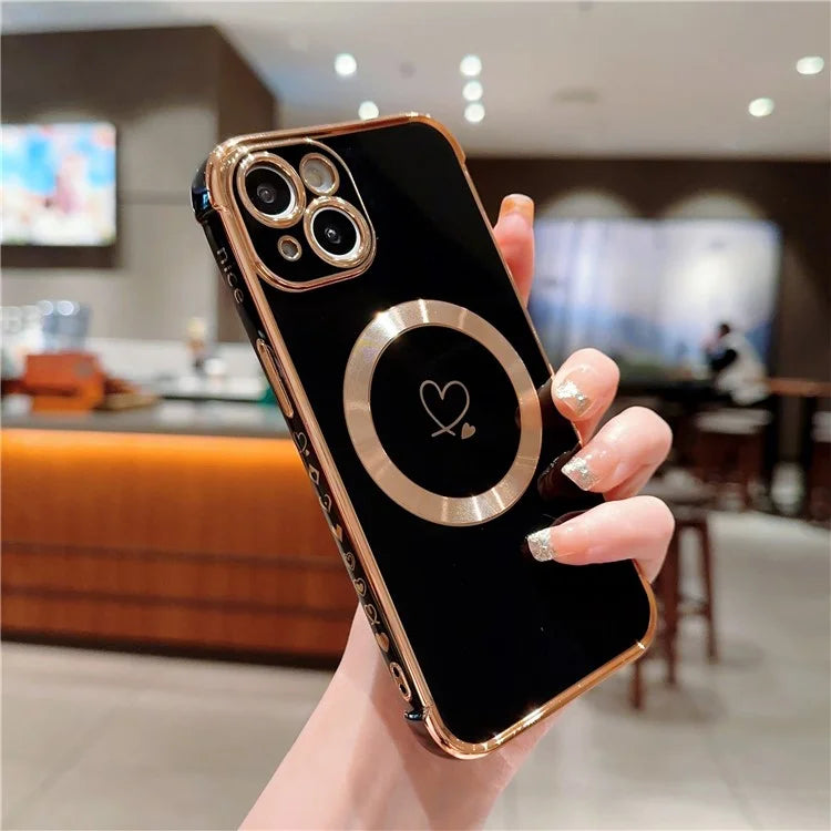 For iPhone 14 Case Compatible with MagSafe Electroplated TPU Phone Cover Hollow Love Hearts