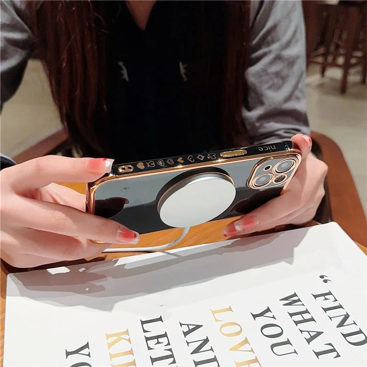 For iPhone 14 Case Compatible with MagSafe Electroplated TPU Phone Cover Hollow Love Hearts