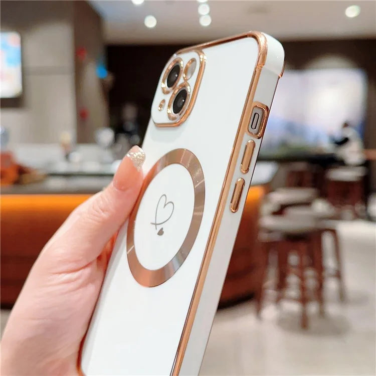 For iPhone 14 Case Compatible with MagSafe Electroplated TPU Phone Cover Hollow Love Hearts