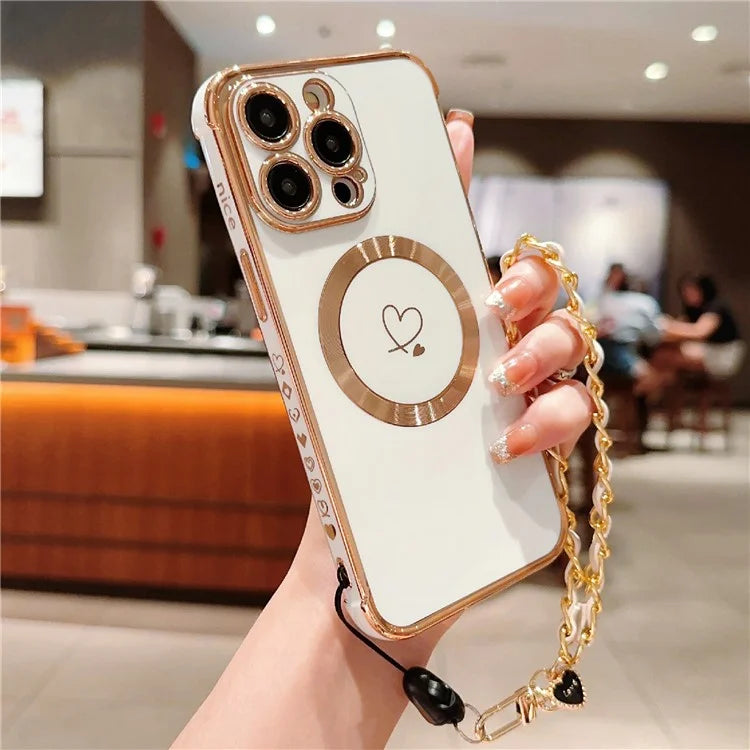 For iPhone 15 Pro Max Case Compatible with MagSafe Electroplated Love Hearts TPU Phone Cover with Chain Strap