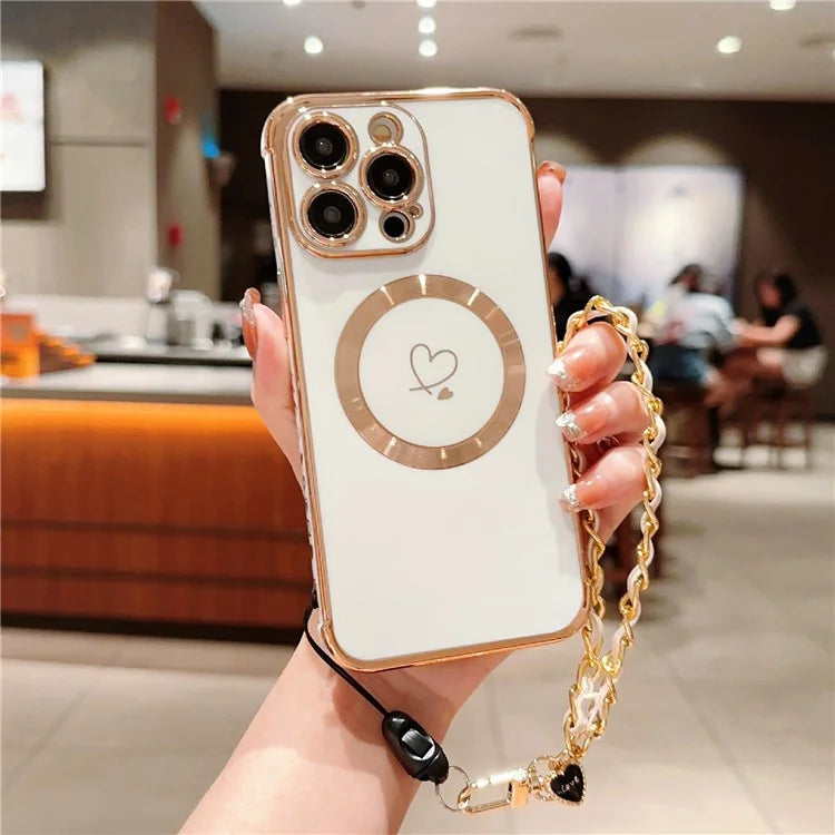 For iPhone 15 Pro Max Case Compatible with MagSafe Electroplated Love Hearts TPU Phone Cover with Chain Strap