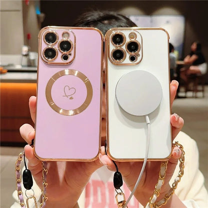 For iPhone 15 Pro Max Case Compatible with MagSafe Electroplated Love Hearts TPU Phone Cover with Chain Strap
