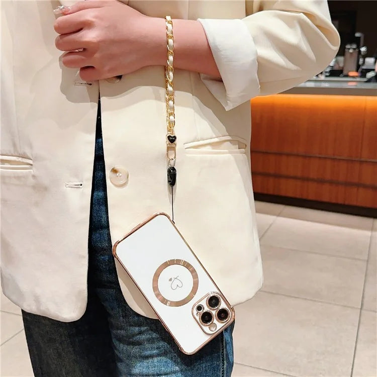 For iPhone 15 Pro Max Case Compatible with MagSafe Electroplated Love Hearts TPU Phone Cover with Chain Strap