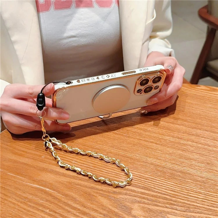 For iPhone 15 Pro Max Case Compatible with MagSafe Electroplated Love Hearts TPU Phone Cover with Chain Strap
