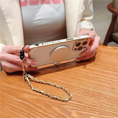 For iPhone 15 Pro Max Case Compatible with MagSafe Electroplated Love Hearts TPU Phone Cover with Chain Strap