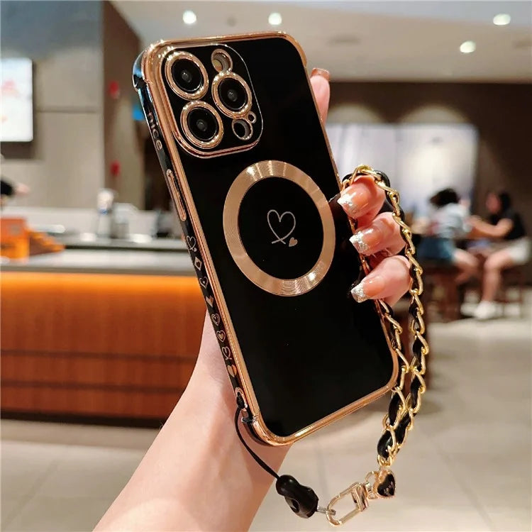 For iPhone 15 Pro Max Case Compatible with MagSafe Electroplated Love Hearts TPU Phone Cover with Chain Strap