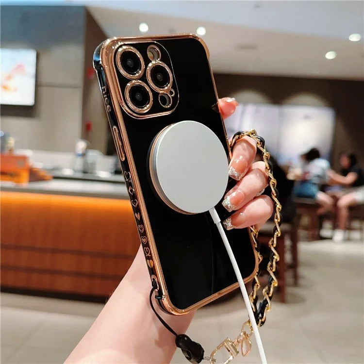 For iPhone 15 Pro Max Case Compatible with MagSafe Electroplated Love Hearts TPU Phone Cover with Chain Strap