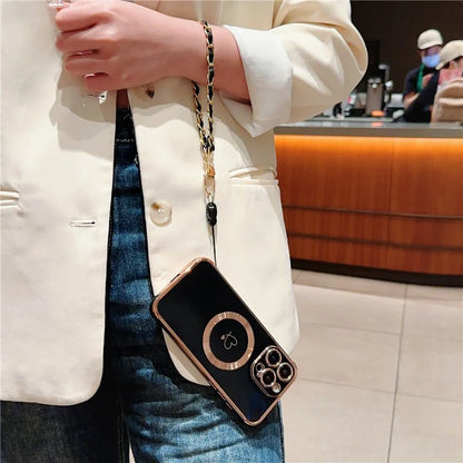 For iPhone 15 Pro Max Case Compatible with MagSafe Electroplated Love Hearts TPU Phone Cover with Chain Strap