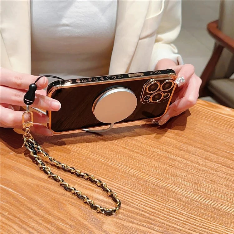 For iPhone 15 Pro Max Case Compatible with MagSafe Electroplated Love Hearts TPU Phone Cover with Chain Strap