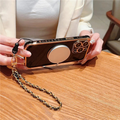 For iPhone 15 Pro Max Case Compatible with MagSafe Electroplated Love Hearts TPU Phone Cover with Chain Strap