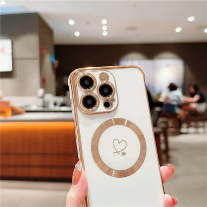 For iPhone 15 Pro Max Case Compatible with MagSafe Electroplated Love Hearts TPU Phone Cover with Chain Strap