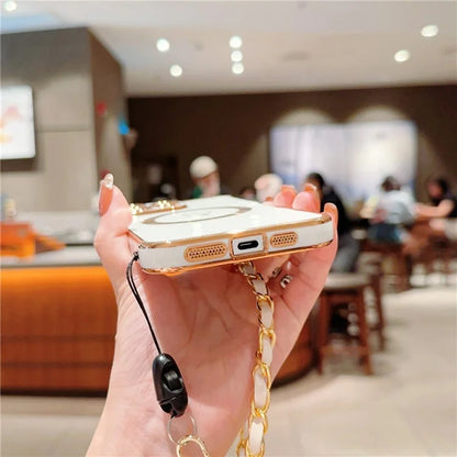 For iPhone 15 Pro Max Case Compatible with MagSafe Electroplated Love Hearts TPU Phone Cover with Chain Strap