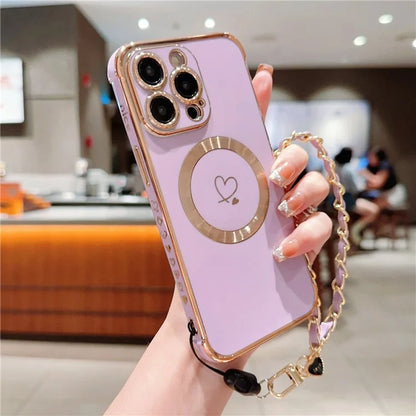 For iPhone 15 Pro Max Case Compatible with MagSafe Electroplated Love Hearts TPU Phone Cover with Chain Strap