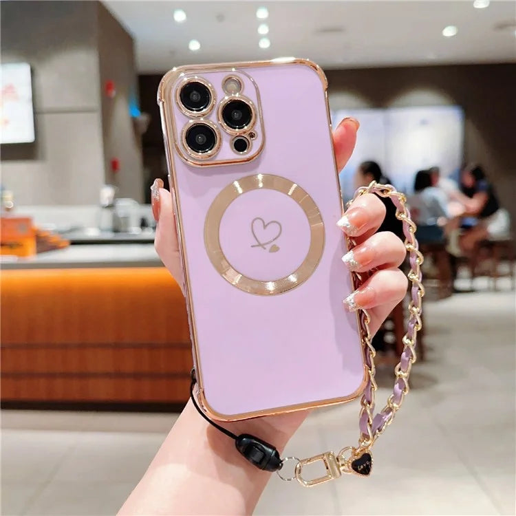 For iPhone 15 Pro Max Case Compatible with MagSafe Electroplated Love Hearts TPU Phone Cover with Chain Strap