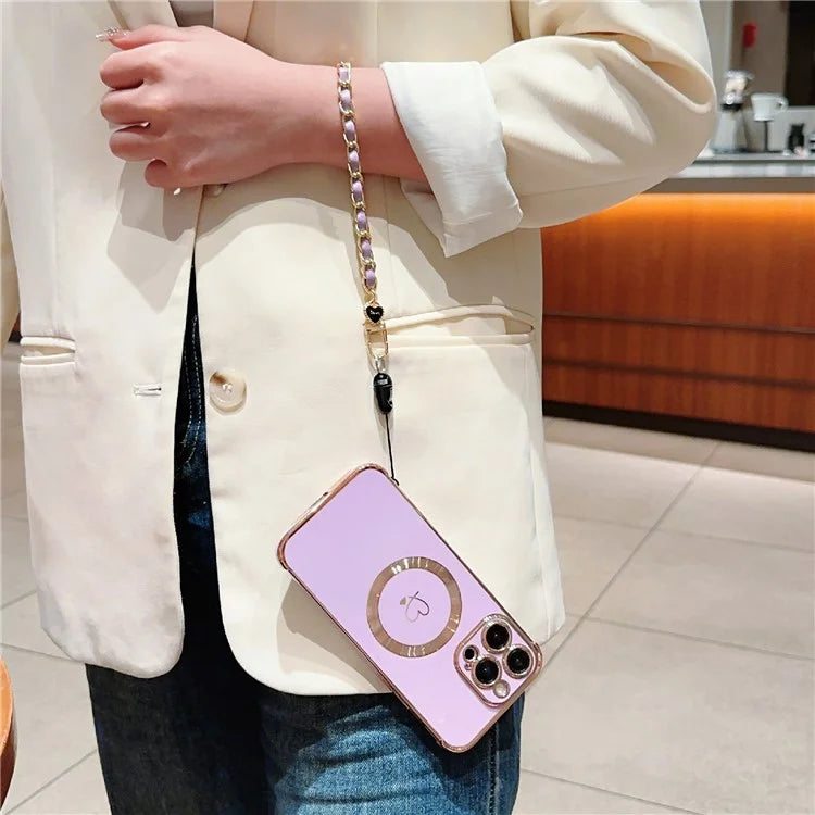 For iPhone 15 Pro Max Case Compatible with MagSafe Electroplated Love Hearts TPU Phone Cover with Chain Strap