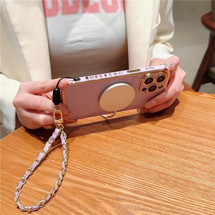 For iPhone 15 Pro Max Case Compatible with MagSafe Electroplated Love Hearts TPU Phone Cover with Chain Strap