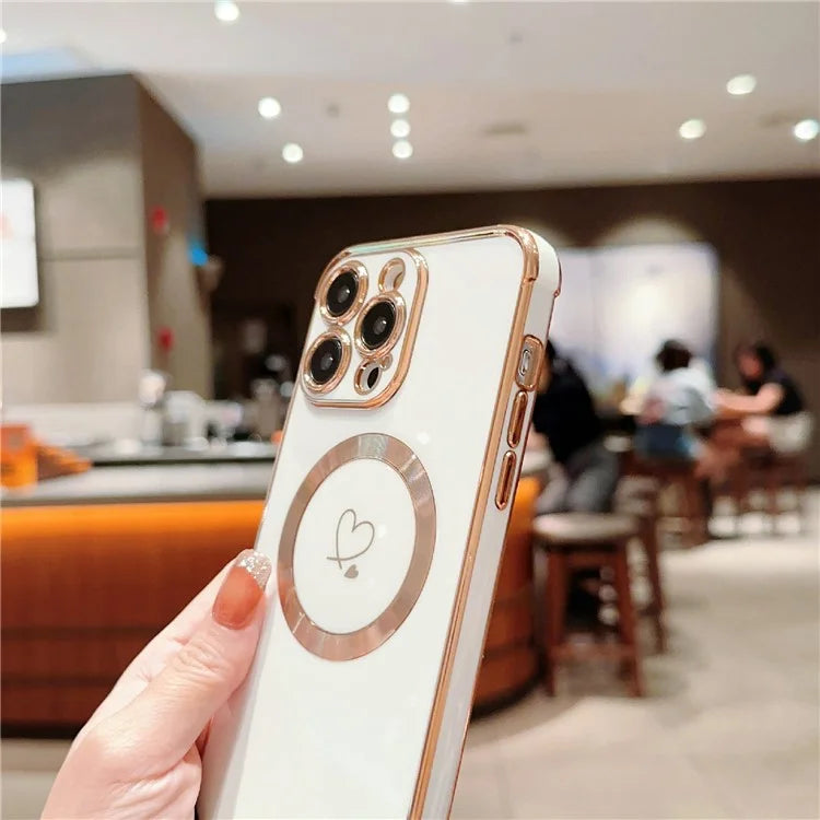 For iPhone 15 Pro Max Case Compatible with MagSafe Electroplated Love Hearts TPU Phone Cover with Chain Strap