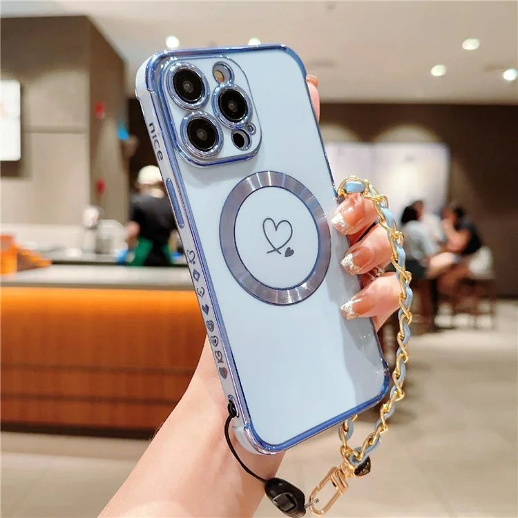 For iPhone 15 Pro Max Case Compatible with MagSafe Electroplated Love Hearts TPU Phone Cover with Chain Strap