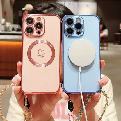 For iPhone 15 Pro Max Case Compatible with MagSafe Electroplated Love Hearts TPU Phone Cover with Chain Strap
