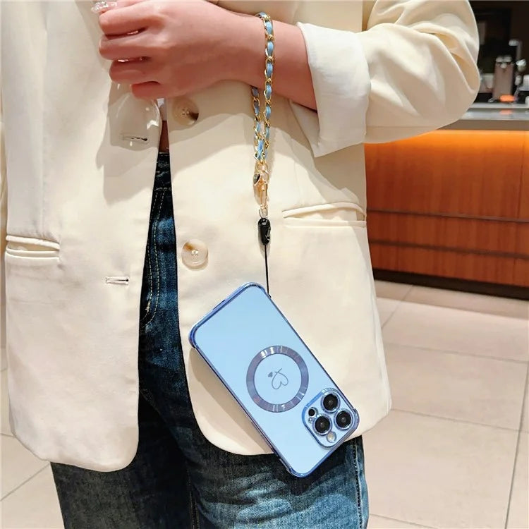 For iPhone 15 Pro Max Case Compatible with MagSafe Electroplated Love Hearts TPU Phone Cover with Chain Strap