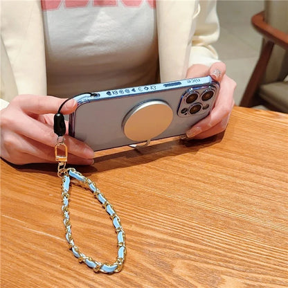 For iPhone 15 Pro Max Case Compatible with MagSafe Electroplated Love Hearts TPU Phone Cover with Chain Strap