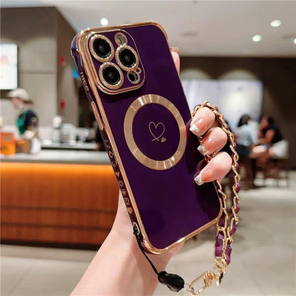 For iPhone 15 Pro Max Case Compatible with MagSafe Electroplated Love Hearts TPU Phone Cover with Chain Strap