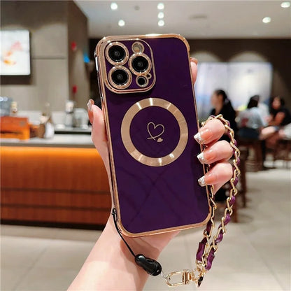 For iPhone 15 Pro Max Case Compatible with MagSafe Electroplated Love Hearts TPU Phone Cover with Chain Strap