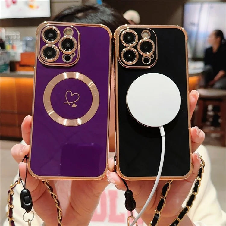 For iPhone 15 Pro Max Case Compatible with MagSafe Electroplated Love Hearts TPU Phone Cover with Chain Strap